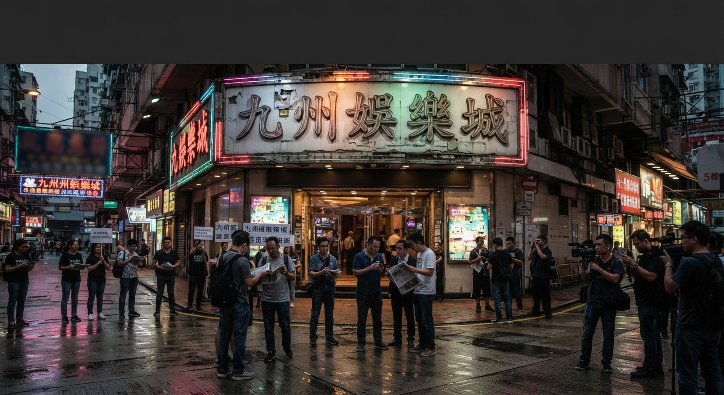 這是一張描繪「九州娛樂城現況與風波」的街景照。 招牌下方聚集了許多媒體記者與民眾，象徵著事件的爭議與關注度