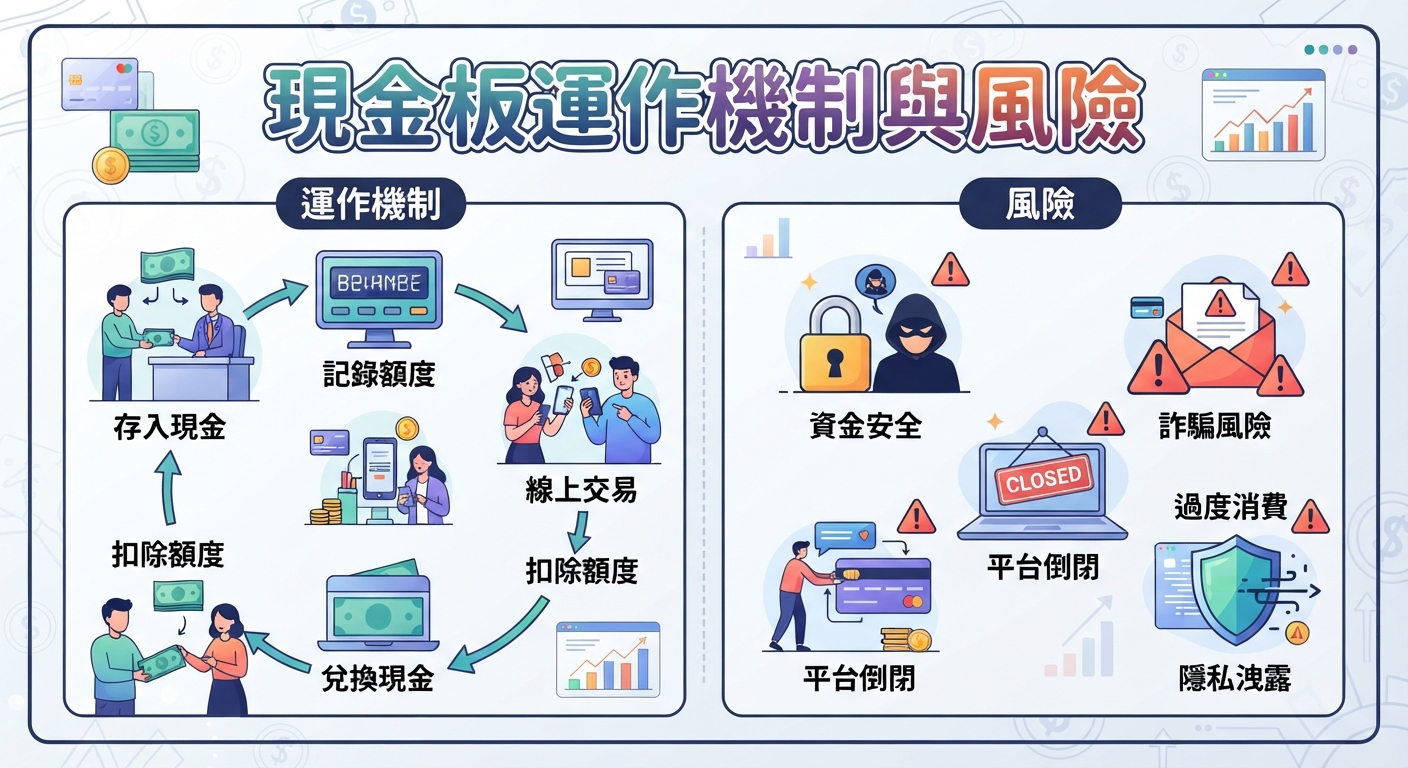 圖片以圖解形式介紹了「現金板運作機制與風險」，詳細拆解了資金存入、線上交易及平台隱私等核心概念與潛在威脅。 整體設計清晰且結構分明，有助於讀者快速掌握現金板的運作邏輯與相關安全注意事項。